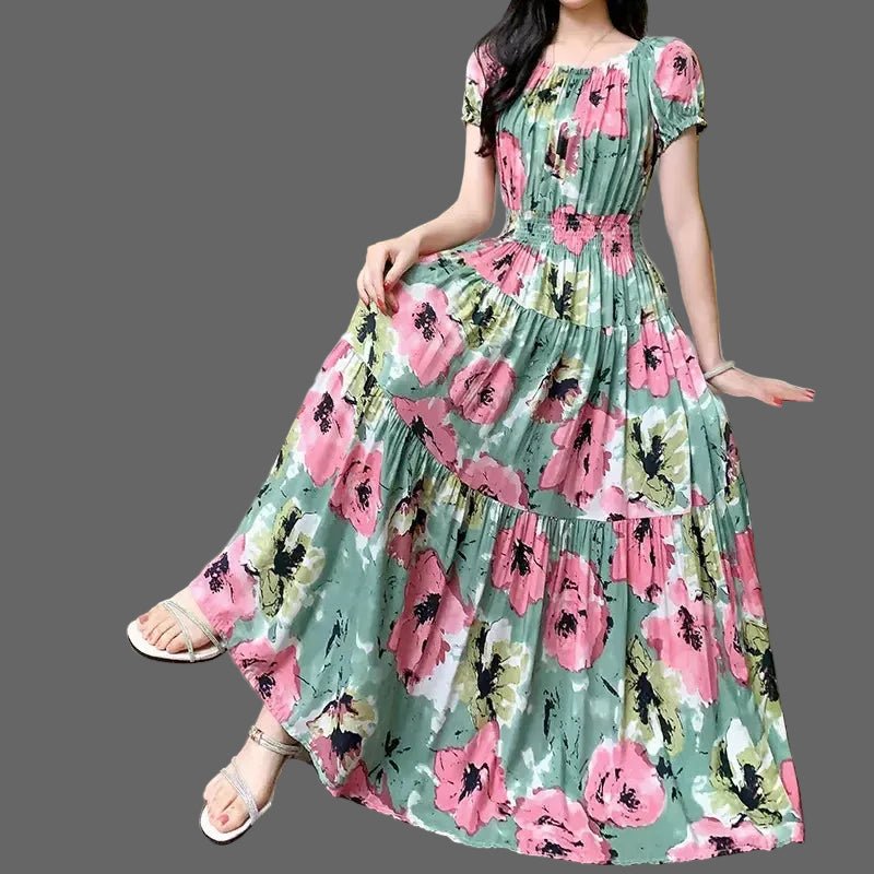 Cotton Silk floral Short sleeved Dress Beach vacation Summer Printed One neck Long Dresses - PratSN