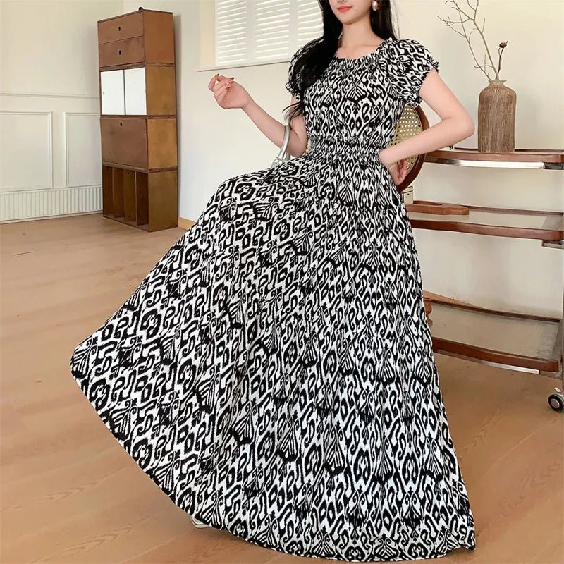 Cotton Silk floral Short sleeved Dress Beach vacation Summer Printed One neck Long Dresses - PratSN