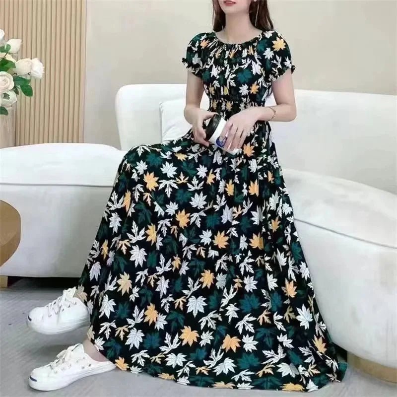 Cotton Silk floral Short sleeved Dress Beach vacation Summer Printed One neck Long Dresses - PratSN