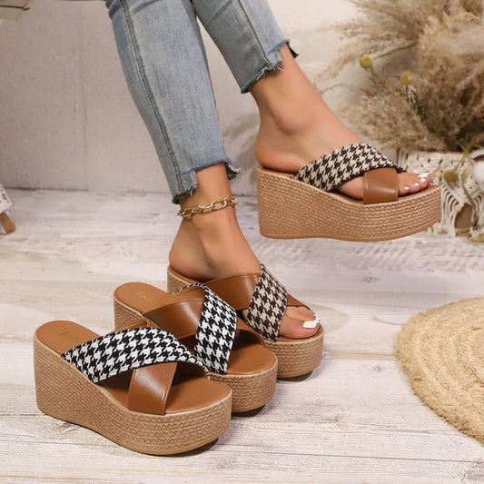 Cross Leopard Plaid Wedge Sandals - PratSN