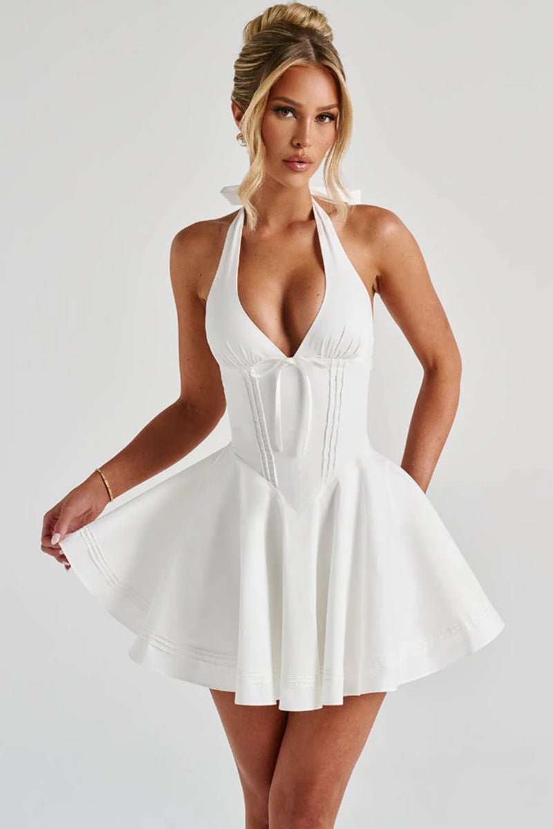 Deep V - neck Sleeveless Women's Halter Bow Cinched Short Dress - PratSN
