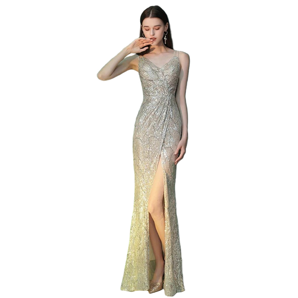 DEERVEADO Sexy High Split Evening Dresses for Woman Strap Prom Party Maxi Dress Long Sequins Formal Occasion Dresses - PratSN