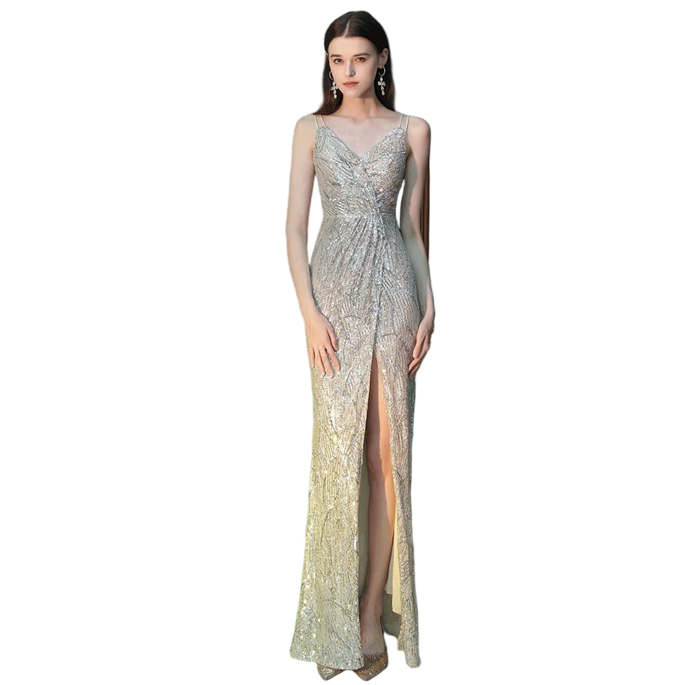 DEERVEADO Sexy High Split Evening Dresses for Woman Strap Prom Party Maxi Dress Long Sequins Formal Occasion Dresses - PratSN