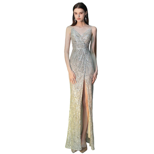 DEERVEADO Sexy High Split Evening Dresses for Woman Strap Prom Party Maxi Dress Long Sequins Formal Occasion Dresses - PratSN