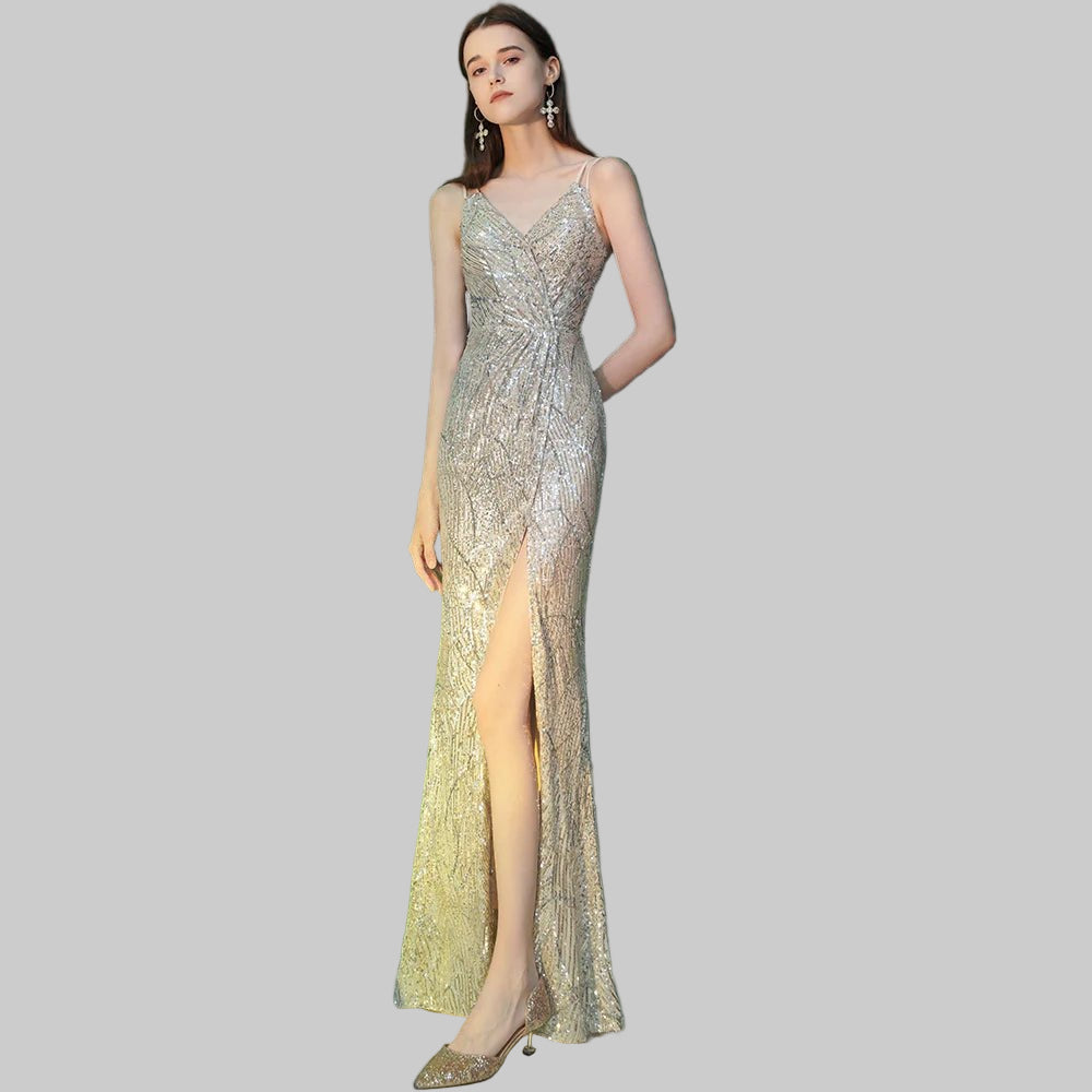 DEERVEADO Sexy High Split Evening Dresses for Woman Strap Prom Party Maxi Dress Long Sequins Formal Occasion Dresses - PratSN