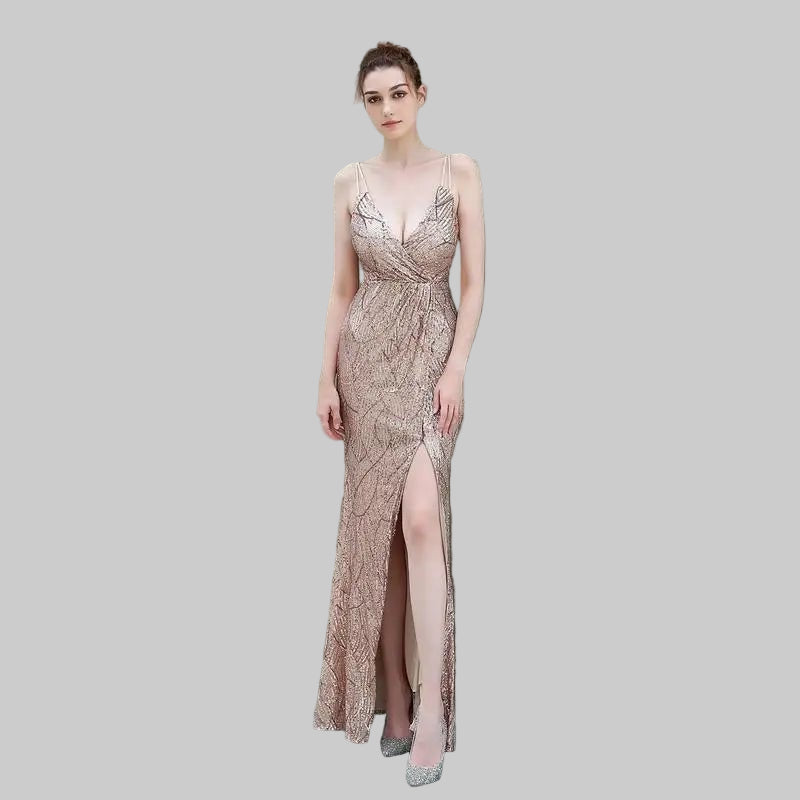 DEERVEADO Sexy High Split Evening Dresses for Woman Strap Prom Party Maxi Dress Long Sequins Formal Occasion Dresses - PratSN