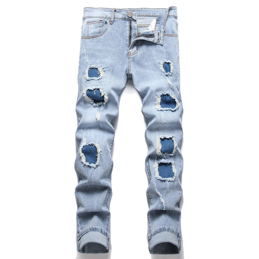 Denim Pants American High Street Fashion Slim Fit Broken Holes Elastic Jeans for Men's Full Length Ripped Jeans - PratSN