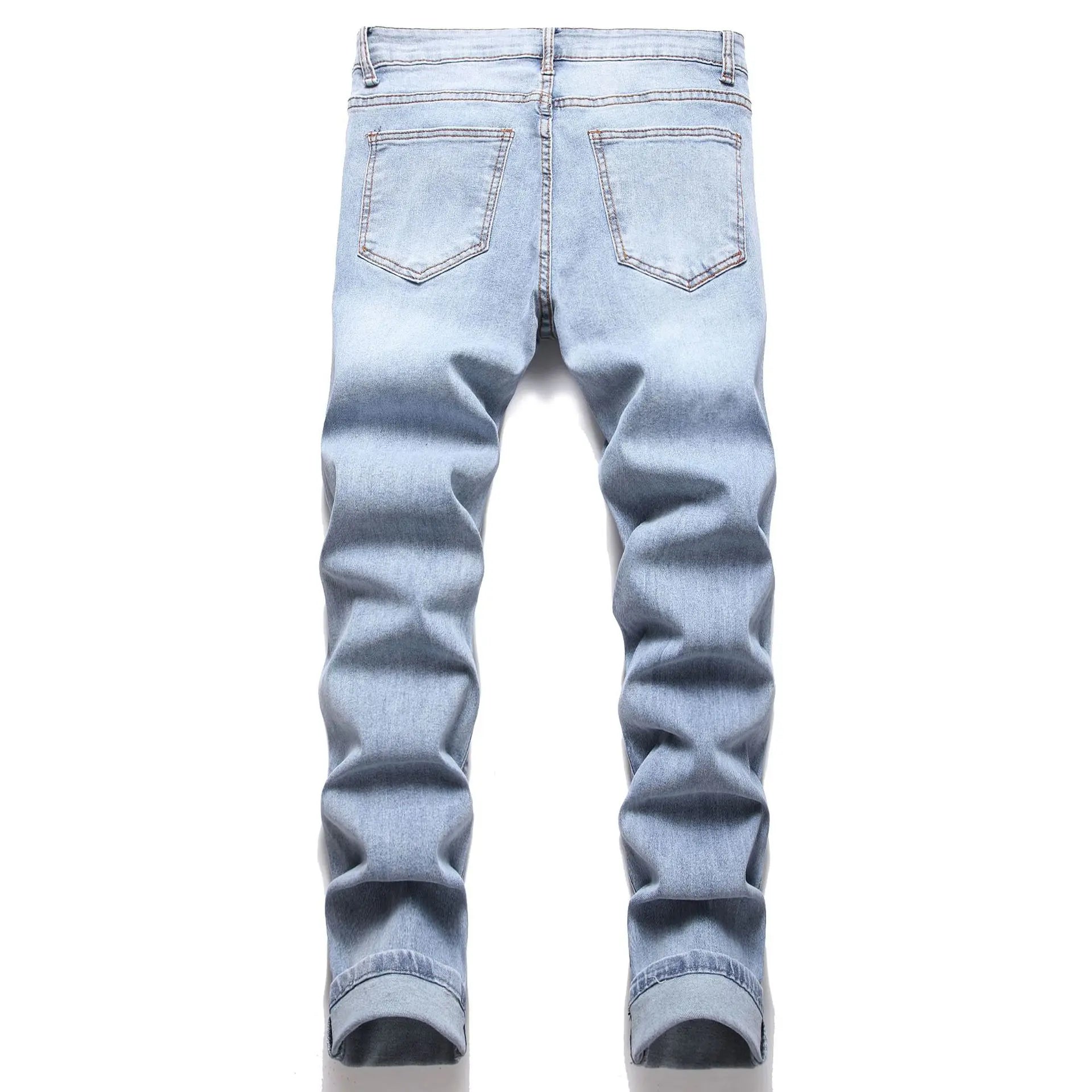 Denim Pants American High Street Fashion Slim Fit Broken Holes Elastic Jeans for Men's Full Length Ripped Jeans - PratSN