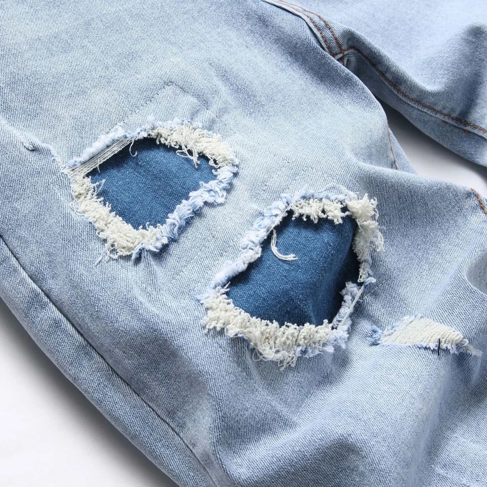 Denim Pants American High Street Fashion Slim Fit Broken Holes Elastic Jeans for Men's Full Length Ripped Jeans - PratSN