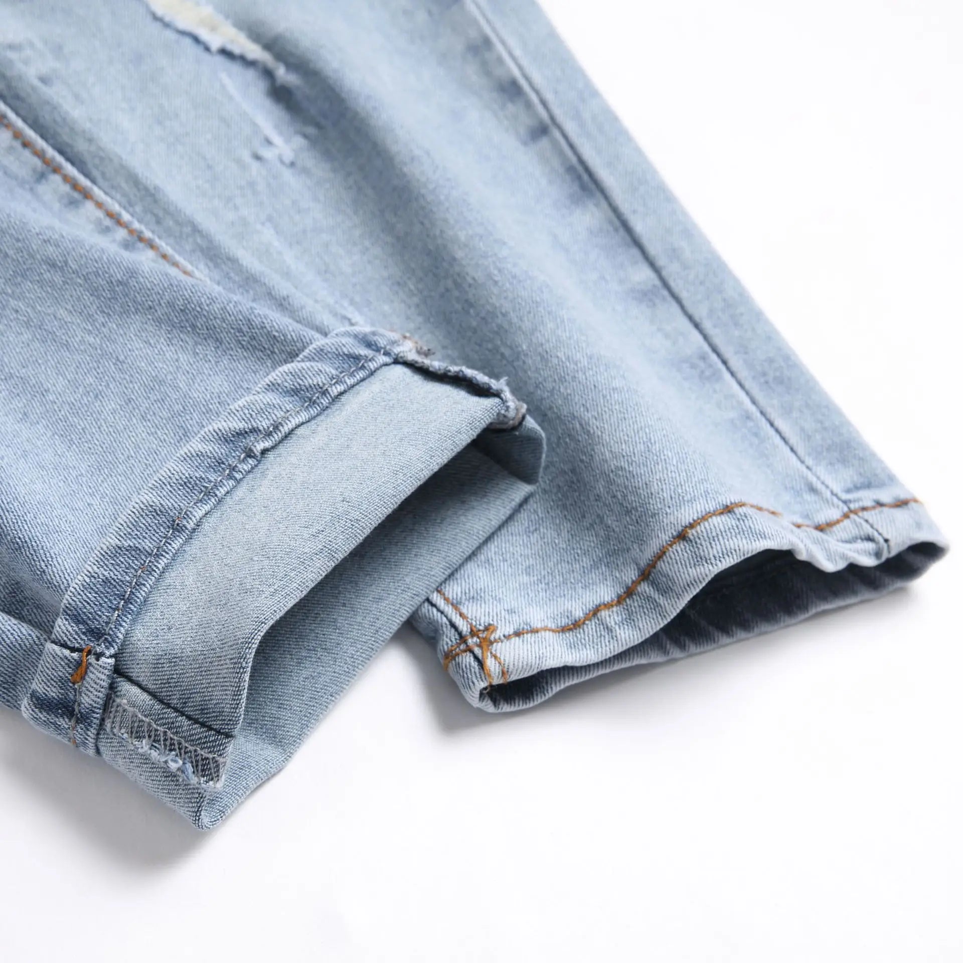 Denim Pants American High Street Fashion Slim Fit Broken Holes Elastic Jeans for Men's Full Length Ripped Jeans - PratSN