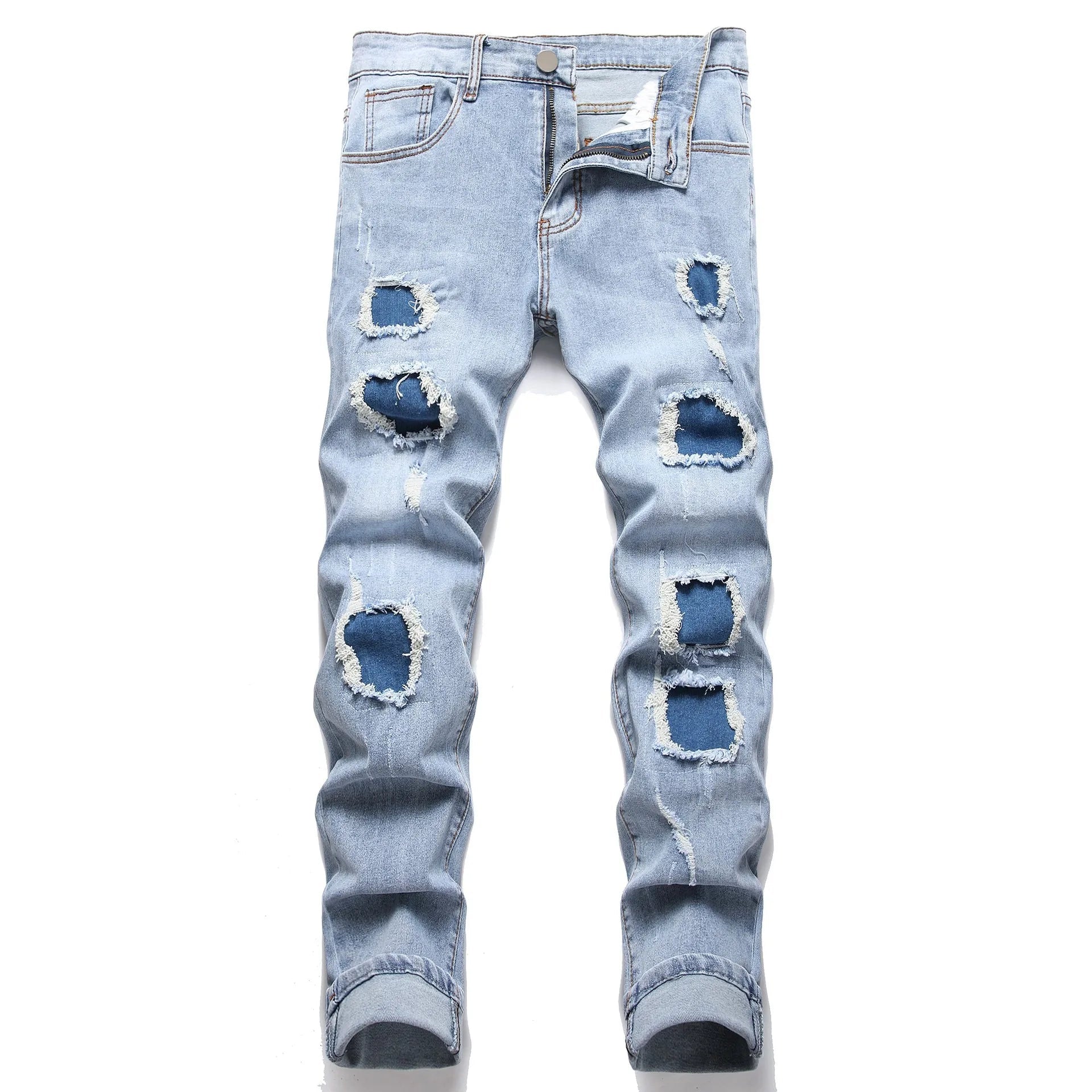 Denim Pants American High Street Fashion Slim Fit Broken Holes Elastic Jeans for Men's Full Length Ripped Jeans - PratSN