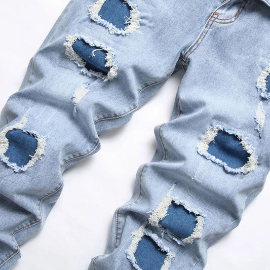 Denim Pants American High Street Fashion Slim Fit Broken Holes Elastic Jeans for Men's Full Length Ripped Jeans - PratSN
