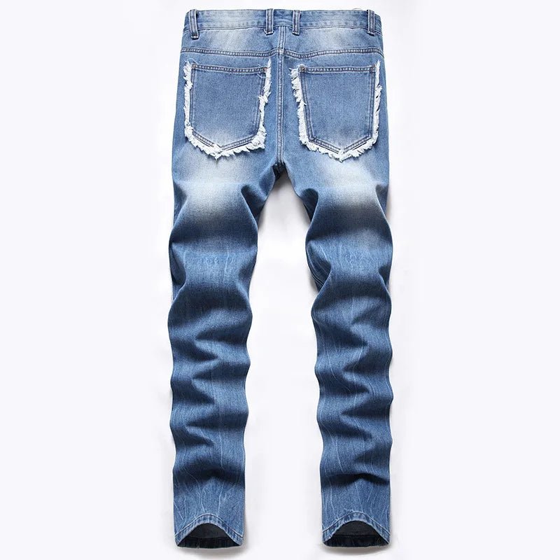 Designer Street Wear Plus Size High - quality fashion Slim Ripped Hole Denim Blue Jean Pants Motor Cycle Edging Denim Trousers - PratSN
