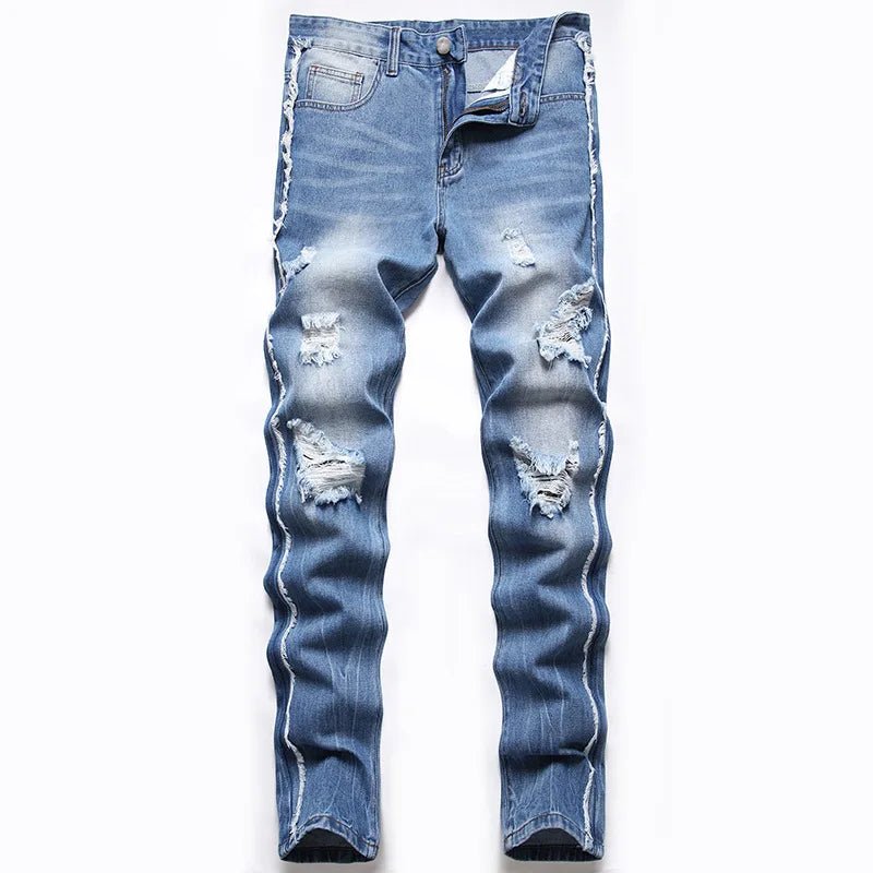 Designer Street Wear Plus Size High - quality fashion Slim Ripped Hole Denim Blue Jean Pants Motor Cycle Edging Denim Trousers - PratSN