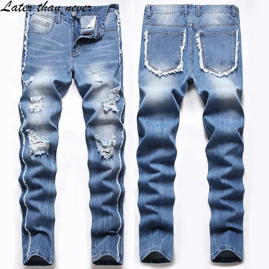 Designer Street Wear Plus Size High - quality fashion Slim Ripped Hole Denim Blue Jean Pants Motor Cycle Edging Denim Trousers - PratSN