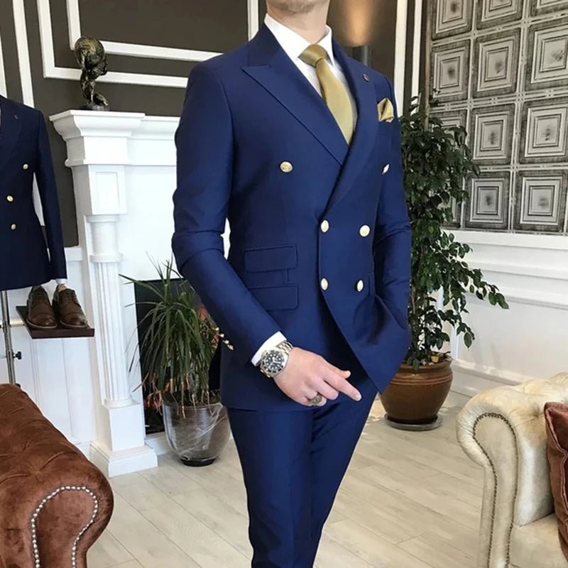 Double Breasted Men Suits with Peaked Lapel Slim Fit 2 Piece Groomsmen Wedding Tuxedo Male Fashion Prom Costume Jacket Pants Set - PratSN