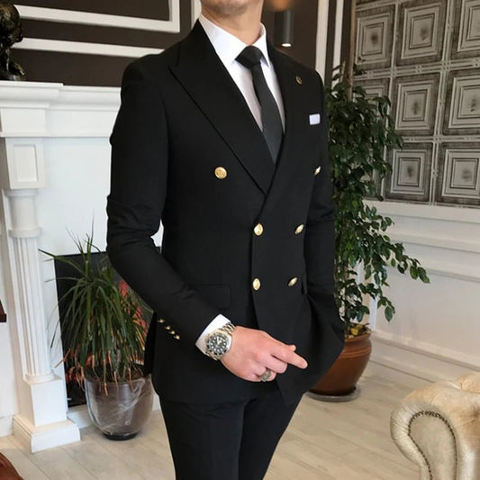 Double Breasted Men Suits with Peaked Lapel Slim Fit 2 Piece Groomsmen Wedding Tuxedo Male Fashion Prom Costume Jacket Pants Set - PratSN