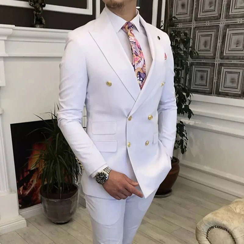 Double Breasted Men Suits with Peaked Lapel Slim Fit 2 Piece Groomsmen Wedding Tuxedo Male Fashion Prom Costume Jacket Pants Set - PratSN