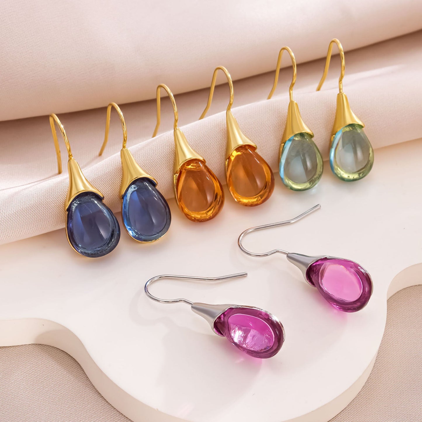 Drop - shaped Inlaid Cat's Eye Earrings Four - color Simple - PratSN