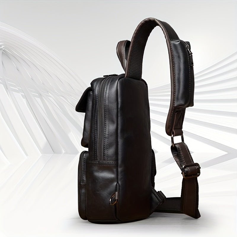 [Durable Build] Men's Stylish PU Leather Sling Bag - Adjustable Strap, Multiple Zippered Compartments, Casual Business Crossbody Pack for Everyday Use - PratSN
