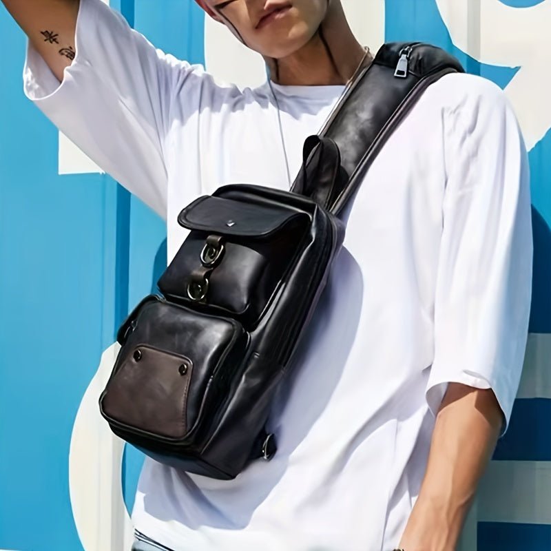 [Durable Build] Men's Stylish PU Leather Sling Bag - Adjustable Strap, Multiple Zippered Compartments, Casual Business Crossbody Pack for Everyday Use - PratSN