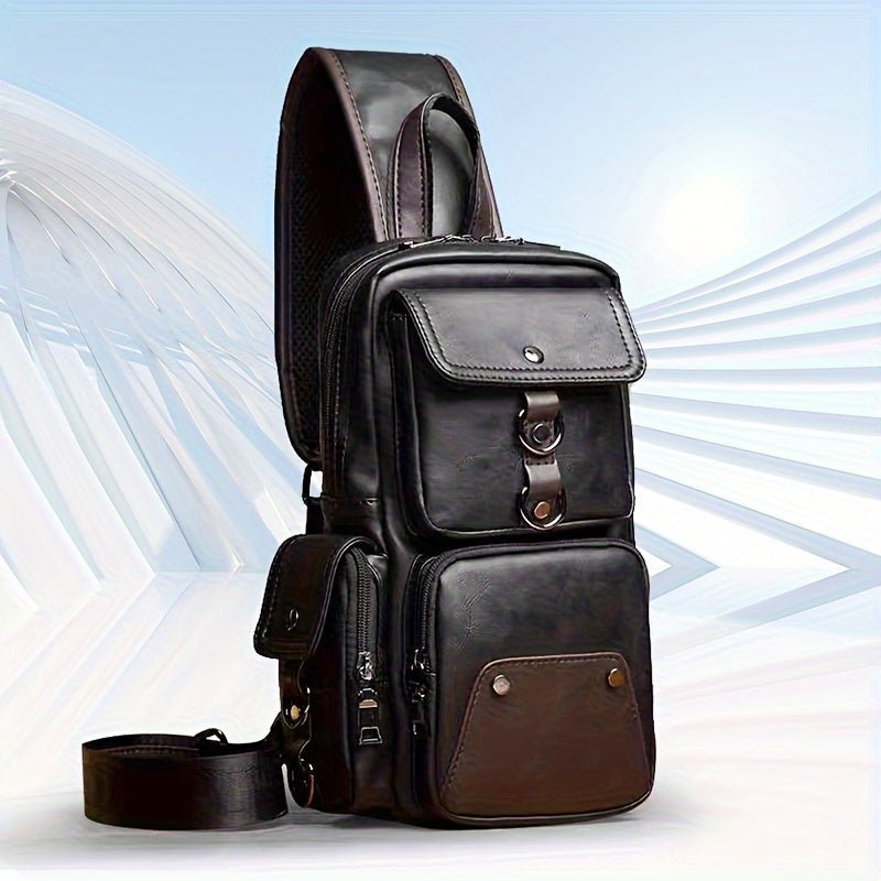 [Durable Build] Men's Stylish PU Leather Sling Bag - Adjustable Strap, Multiple Zippered Compartments, Casual Business Crossbody Pack for Everyday Use - PratSN