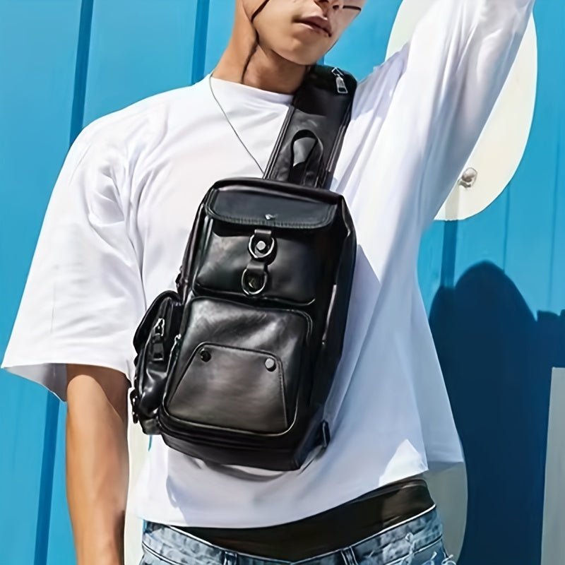[Durable Build] Men's Stylish PU Leather Sling Bag - Adjustable Strap, Multiple Zippered Compartments, Casual Business Crossbody Pack for Everyday Use - PratSN