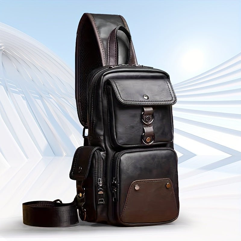 [Durable Build] Men's Stylish PU Leather Sling Bag - Adjustable Strap, Multiple Zippered Compartments, Casual Business Crossbody Pack for Everyday Use - PratSN