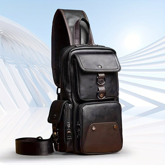 [Durable Build] Men's Stylish PU Leather Sling Bag - Adjustable Strap, Multiple Zippered Compartments, Casual Business Crossbody Pack for Everyday Use - PratSN