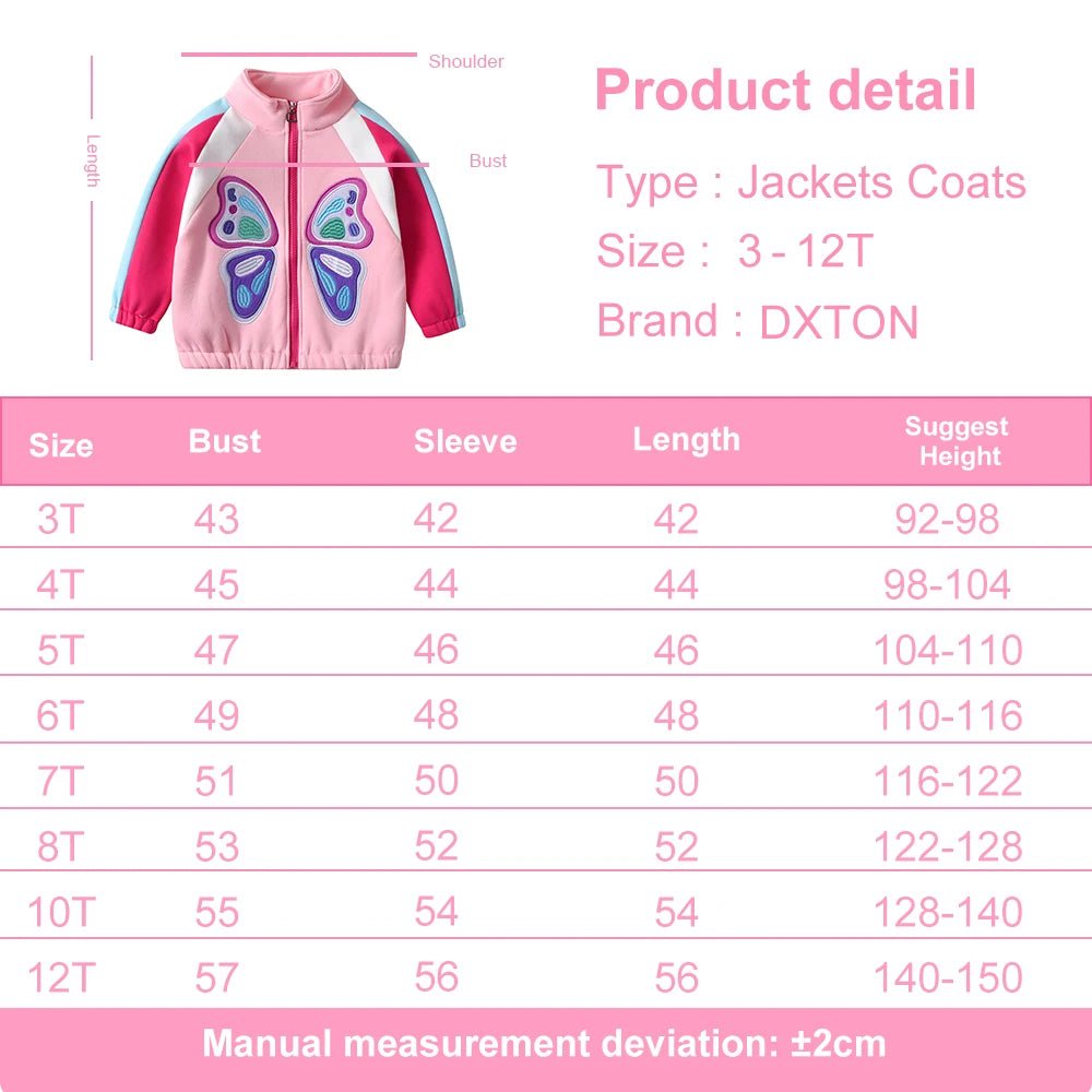 DXTON Autumn Baby Girls Clothes Children Cotton Zipper Jacket Butteryfly Applique Warm Children Coat Girls Kids Sportswear 3 - 12Y - PratSN