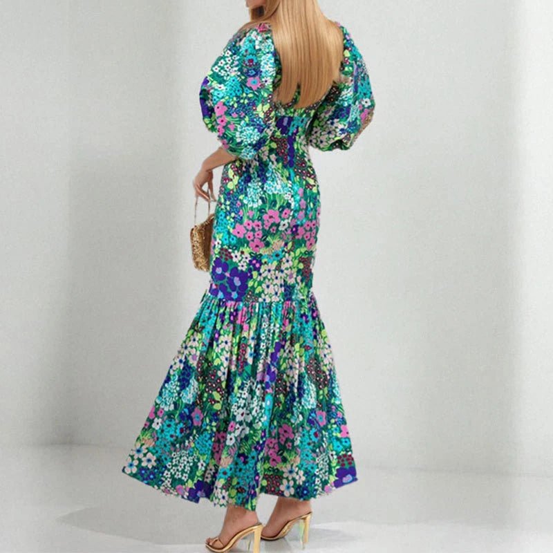 Early Spring New O Neck Fit Mermaid Dress Fashion Lady Party Pleated Dress Temperament Lantern Sleeve Print Wrap Hips Long Dress - PratSN