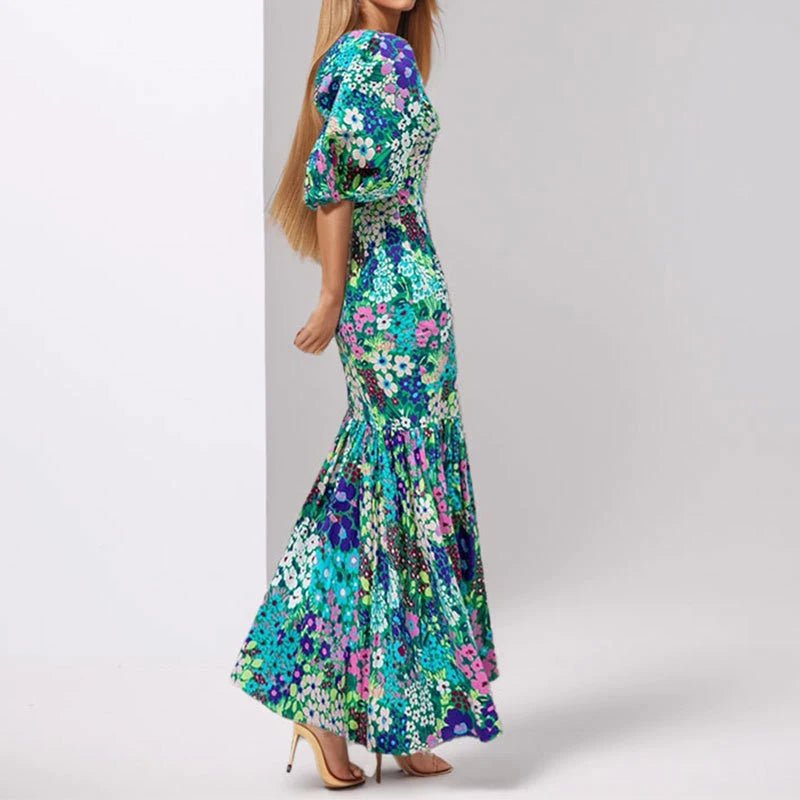 Early Spring New O Neck Fit Mermaid Dress Fashion Lady Party Pleated Dress Temperament Lantern Sleeve Print Wrap Hips Long Dress - PratSN