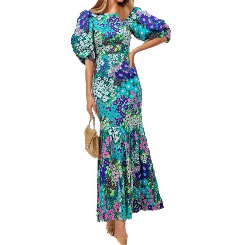 Early Spring New O Neck Fit Mermaid Dress Fashion Lady Party Pleated Dress Temperament Lantern Sleeve Print Wrap Hips Long Dress - PratSN
