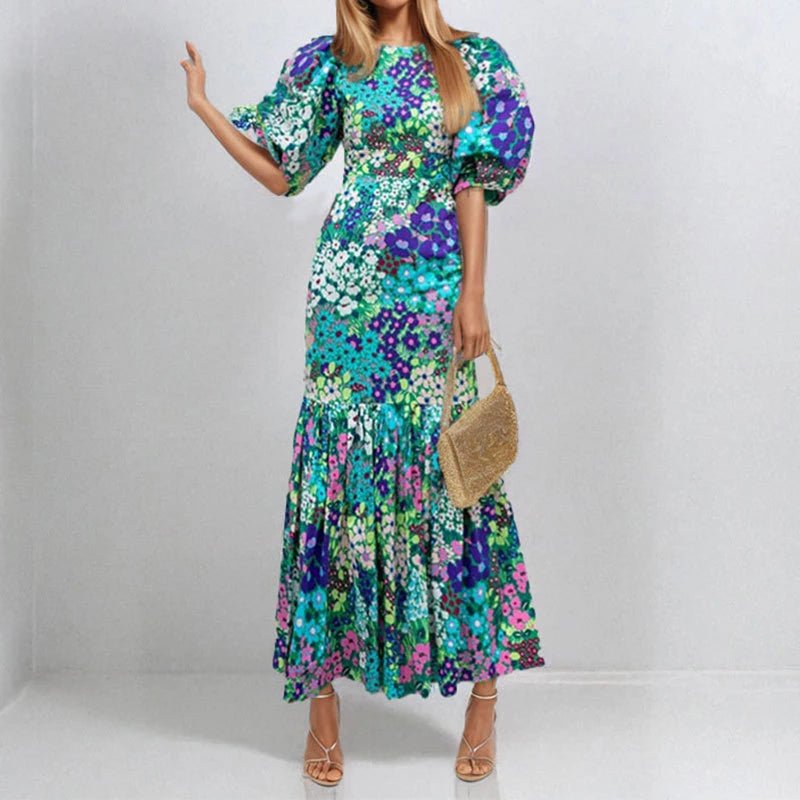 Early Spring New O Neck Fit Mermaid Dress Fashion Lady Party Pleated Dress Temperament Lantern Sleeve Print Wrap Hips Long Dress - PratSN