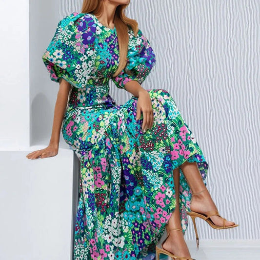 Early Spring New O Neck Fit Mermaid Dress Fashion Lady Party Pleated Dress Temperament Lantern Sleeve Print Wrap Hips Long Dress - PratSN
