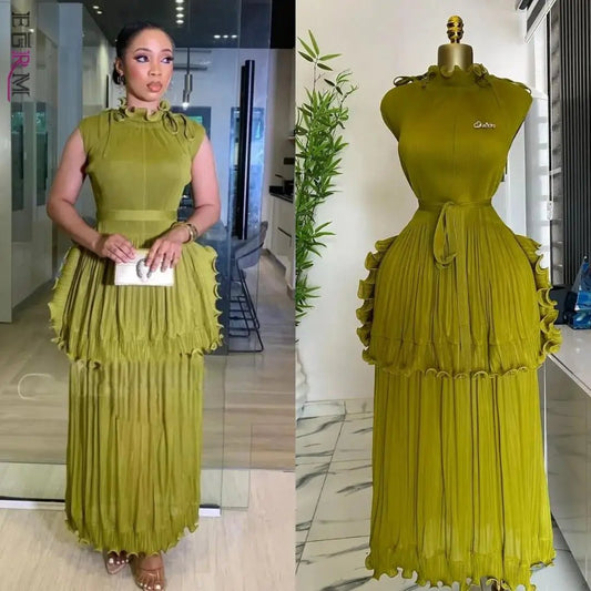 EGRM 2025 Summer New Pleated Dress Women's Solid Sleeveless Ruffles Lace Bottom Skirt with Belt Fashion Female Dresses 9R5618 - PratSN