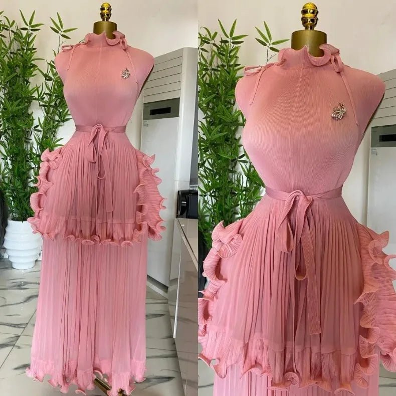 EGRM 2025 Summer New Pleated Dress Women's Solid Sleeveless Ruffles Lace Bottom Skirt with Belt Fashion Female Dresses 9R5618 - PratSN