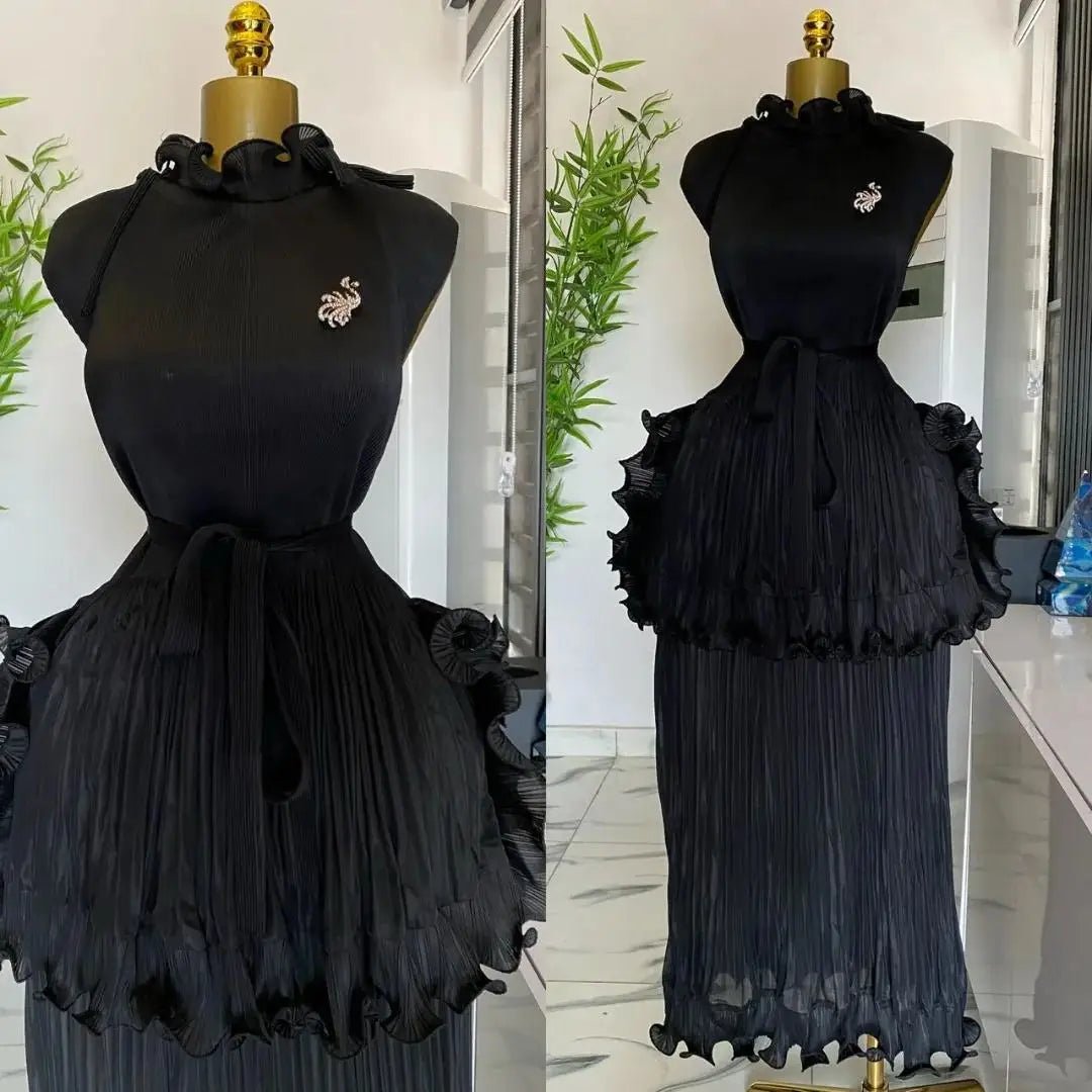 EGRM 2025 Summer New Pleated Dress Women's Solid Sleeveless Ruffles Lace Bottom Skirt with Belt Fashion Female Dresses 9R5618 - PratSN