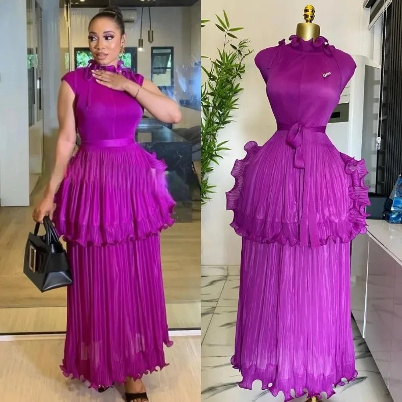 EGRM 2025 Summer New Pleated Dress Women's Solid Sleeveless Ruffles Lace Bottom Skirt with Belt Fashion Female Dresses 9R5618 - PratSN