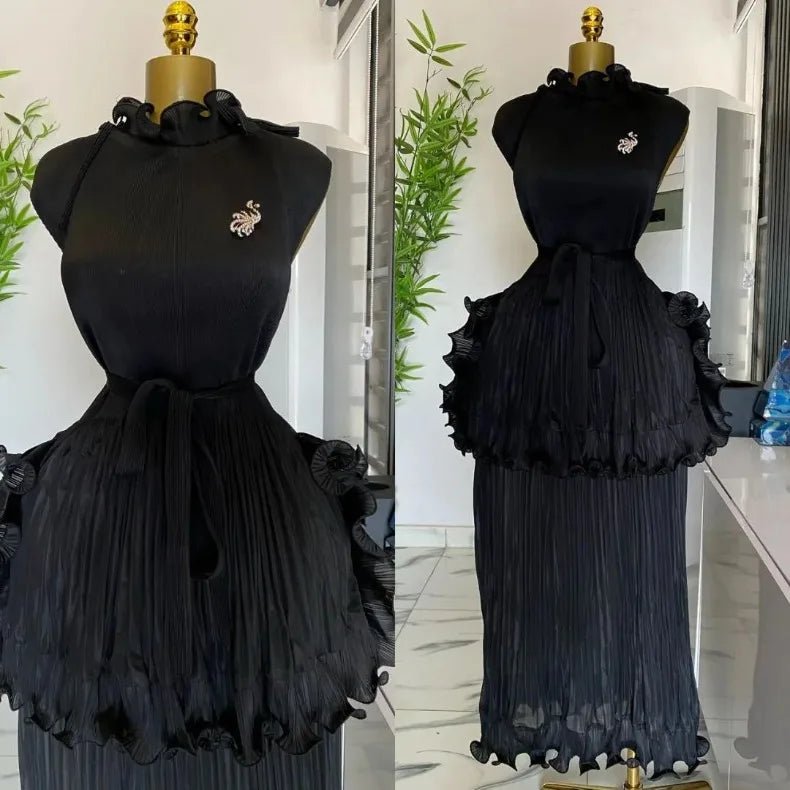 EGRM 2025 Summer New Pleated Dress Women's Solid Sleeveless Ruffles Lace Bottom Skirt with Belt Fashion Female Dresses 9R5618 - PratSN