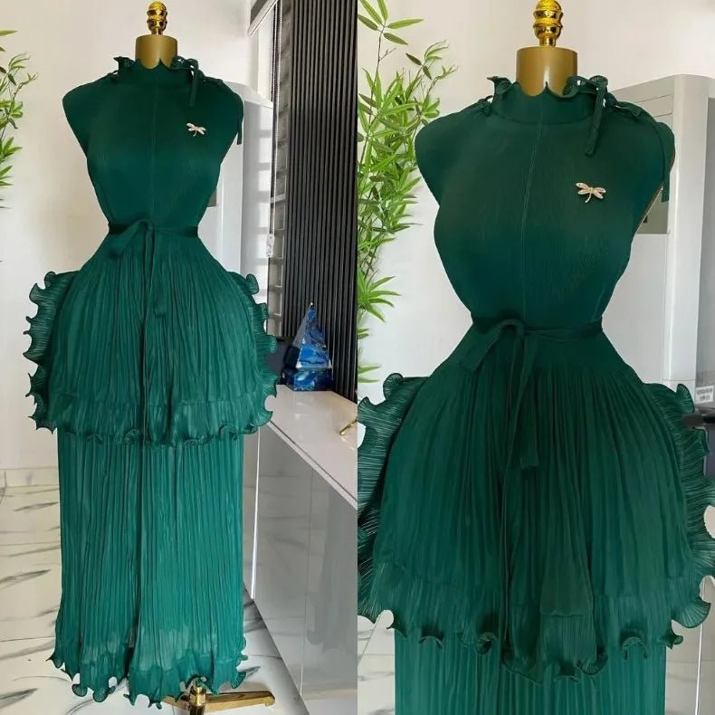 EGRM 2025 Summer New Pleated Dress Women's Solid Sleeveless Ruffles Lace Bottom Skirt with Belt Fashion Female Dresses 9R5618 - PratSN