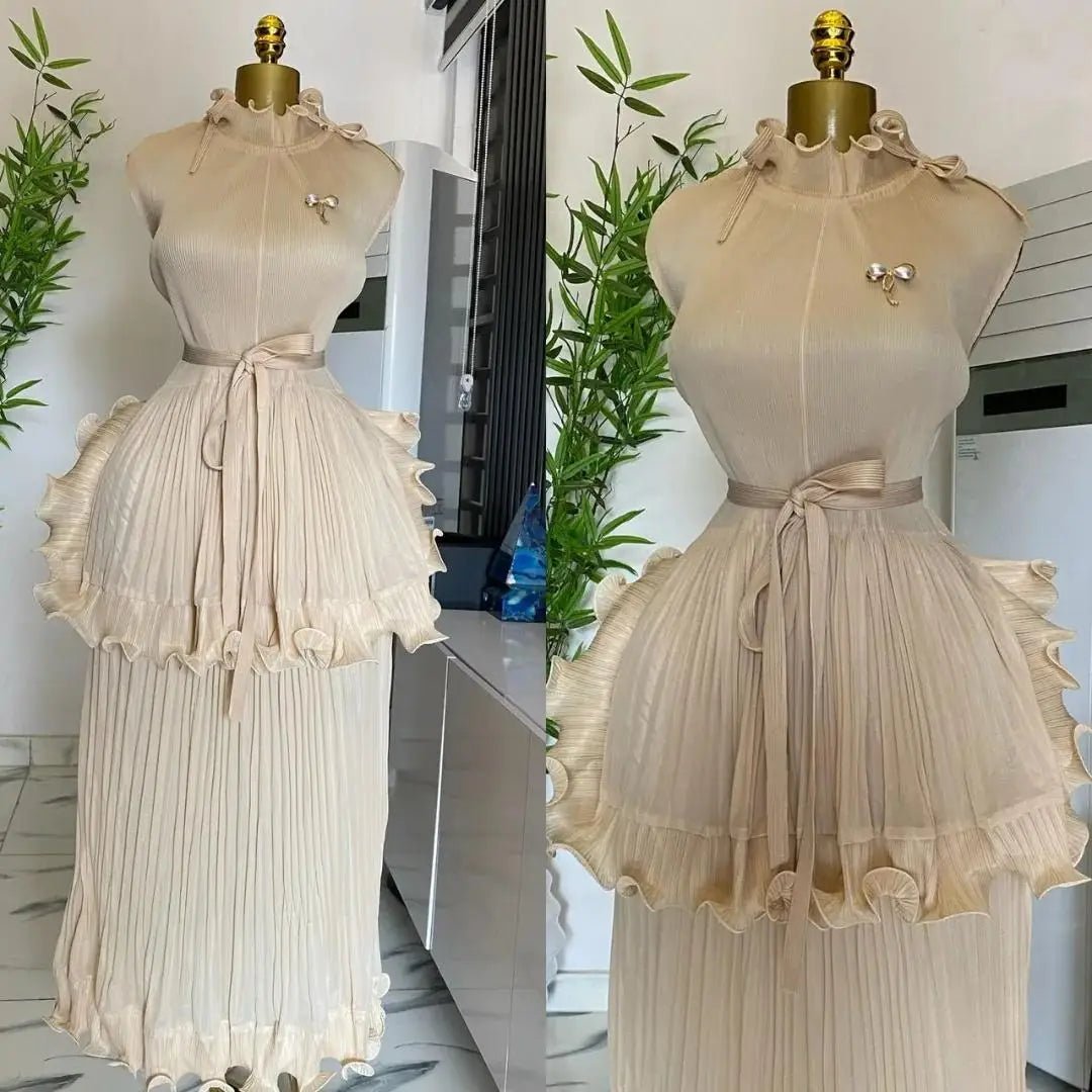EGRM 2025 Summer New Pleated Dress Women's Solid Sleeveless Ruffles Lace Bottom Skirt with Belt Fashion Female Dresses 9R5618 - PratSN