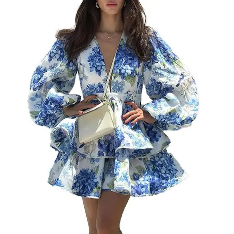 Ele Printed V - Ne Lantern Sve Cake Skirt Women's Dr Street Sle High Waist Long Sve A - Line Skirt for Ci Walk - PratSN