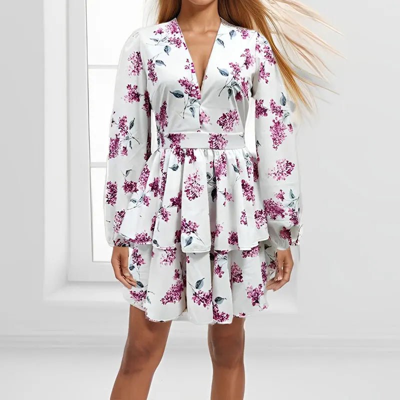 Ele Printed V - Ne Lantern Sve Cake Skirt Women's Dr Street Sle High Waist Long Sve A - Line Skirt for Ci Walk - PratSN