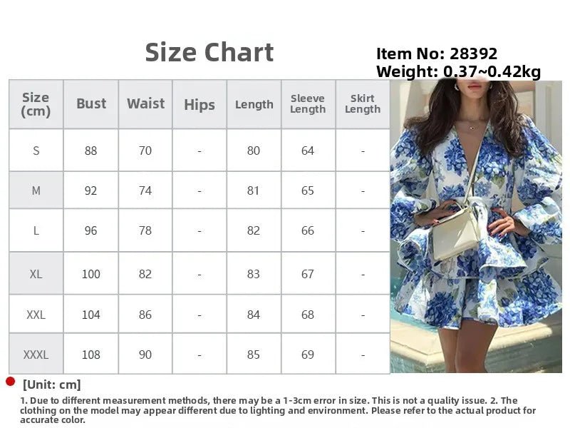 Ele Printed V - Ne Lantern Sve Cake Skirt Women's Dr Street Sle High Waist Long Sve A - Line Skirt for Ci Walk - PratSN