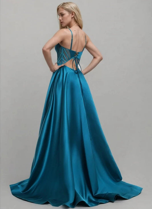 Elegant A - Line Evening Dress Satin Pleated Sweep Train Spaghetti Strap Sleeveless Wedding Guest Prom Gown 2025 free customized - PratSN