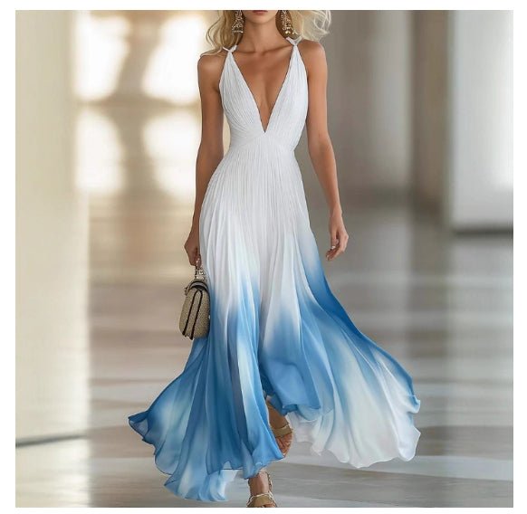Elegant And Flowing Pleated Blue Chiffon Dress For Women - PratSN