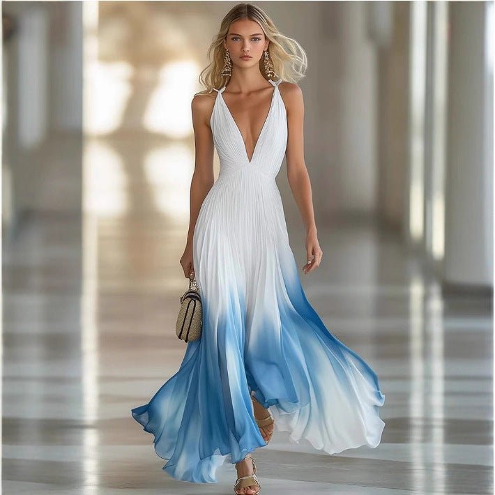 Elegant And Flowing Pleated Blue Chiffon Dress For Women - PratSN