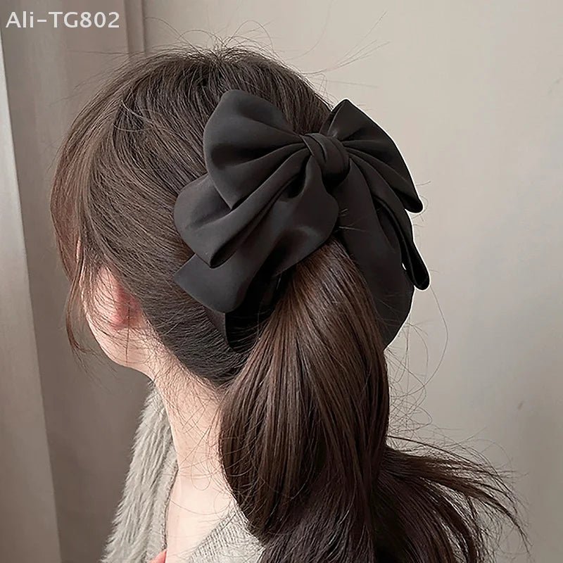 Elegant Bow Ribbon Hair Clip Fashion Simple Solid Satin Spring Clip Hair Pin Retro Headband With Clips Girls Hair Accessories - PratSN