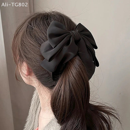 Elegant Bow Ribbon Hair Clip Fashion Simple Solid Satin Spring Clip Hair Pin Retro Headband With Clips Girls Hair Accessories - PratSN